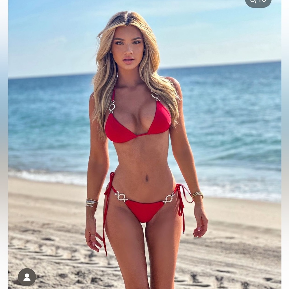 Red Ring-Detail Triangle Bikini Top & Tie-Side Bottoms - Women's Swim - Picture 4 of 4